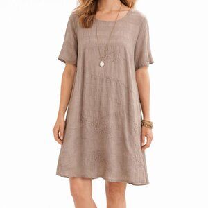 Italy 100% Cotton Tunic Dress Size L Taupe Embroidered Textured Lightweight Boho